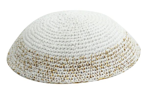Knitted Kippah 15 cm- White with Gold Stripes