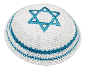 Knitted Kippah 17 cm-   White with Turquoise Star of David  Embroidery and Stripes Around