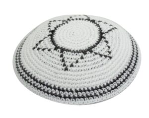 Knitted Kippah 17cm White with Embroidered Design + Gray Star of David