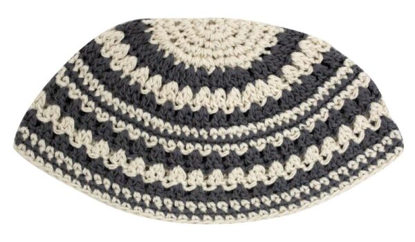 Frik Kippah 21 cm- Thick Knitted- Gray and Beige Striped Design