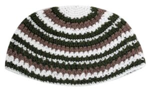 Frik Kippah 20 cm, Thick Knitted- Green and Brown Striped Design