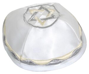 White Satin Kippah 20 cm- Off White with Silver Star of David Embroidery