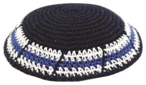 Knitted Kippah 15cm- White with Blue and Light Blue Stripes