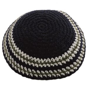 Knitted Kippah 17 cm - Dark Blue with Olive Green & White Around