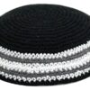 Knitted Kippah 15 cm- Black with Black, White and Gray Stripes