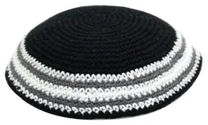 Knitted Kippah 15 cm- Black with Black, White and Gray Stripes