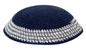 Knitted Kippah 16cm- Blue with Black and Gray Stripe