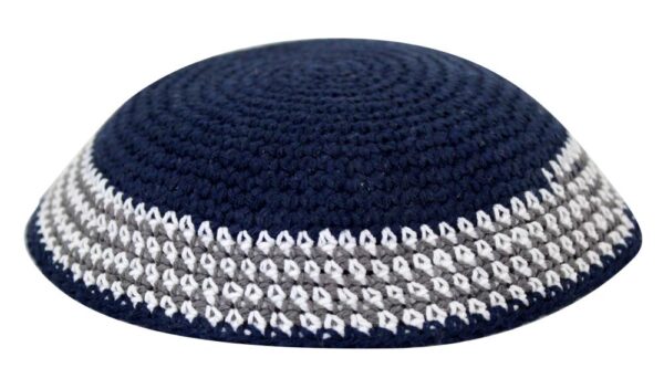 Knitted Kippah 16cm- Blue with Black and Gray Stripe