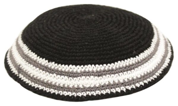 Knitted Kippah 16 cm- Black with White and Gray Stripes