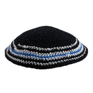 Knitted Kippah 17 cm- Dark Blue with Light Blue and White Stripes