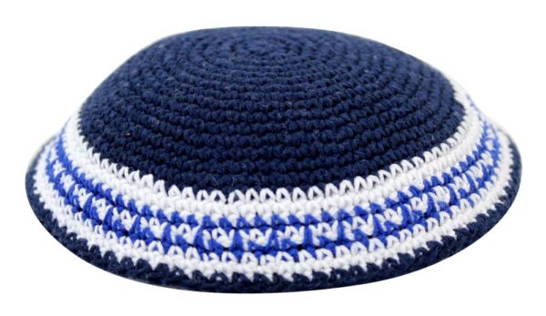 Knitted Kippah 17cm- Dark Blue with White and Blue Stripes