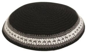 C KNITTED KIPPAH 17 CM- BLACK WITH GRAY & WHITE STRIPE