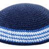 Knitted Kippah 18cm- Blue with Blue and Black Stripe
