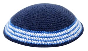 Knitted Kippah 18cm- Blue with Blue and Black Stripe