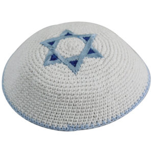 Knitted Kippah 17 cm - White with Blue &Light Blue Star of David Embroidery Light Blue Stripe Around