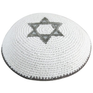 Knitted Kippah 17cm- Gray and Silver Star of David Embroidery