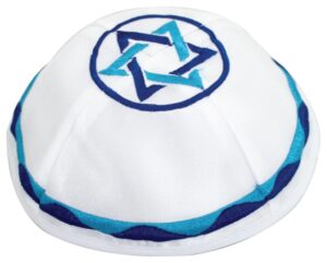 Satin Kippah 20 cm- with Blue & Light Blue Star of David Embroidery