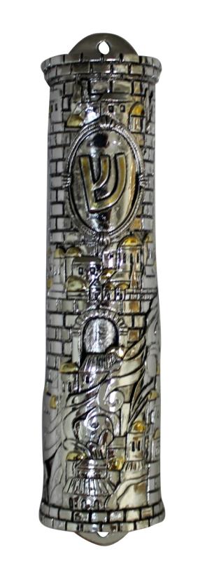 Polyresin Mezuzah 15cm-"Jerusalem" in Silver and Gold