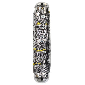 Silvered Polyresin Mezuzah 20 cm-"Jerusalem" Design Laid with Stones