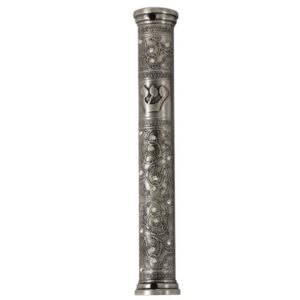 Pewter Mezuzah 12cm- Filigree, Inlaid with Stones