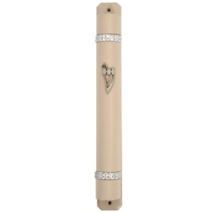 Wood   Mezuzah with Back 12cm- Off -White with Double Chain Design