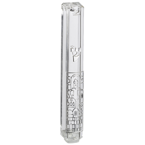 Plastic Mezuzah with Rubber Cork 15cm-Clear with "Jerusalem" in Silver