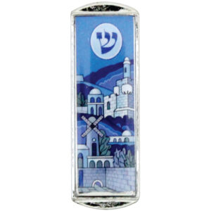 Nickel and Epoxy Mezuzah for Car 5cm-"Jerusalem" Shades of Blue