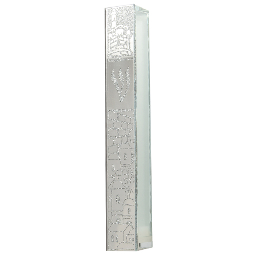 Glass Mezuzah with Silicon Seal 15cm- Jerusalem Motif in Silver