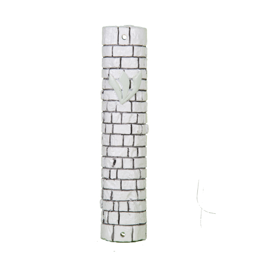 Polyresin Stone-like Mezuzah 12 cm- White with Kotel Stones Design with Silicon Cork