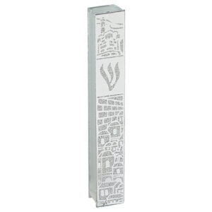 Glass Mezuzah with Silicon Seal 15cm -  Jerusalem Motif in Silver