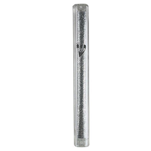 Plastic Glitter Transparent Mezuzah with Rubber Cork 15 cm-  with Silver Shin