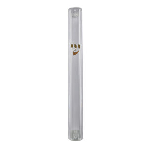 Transparent Plastic Mezuzah with  Rubber Cork 15 cm- with Gold Shin (28282)