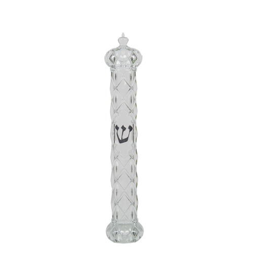 Plastic Transparent Mezuzah with Rubber Cork 12 cm-  "Crown and Diamond" with Silver Shin
