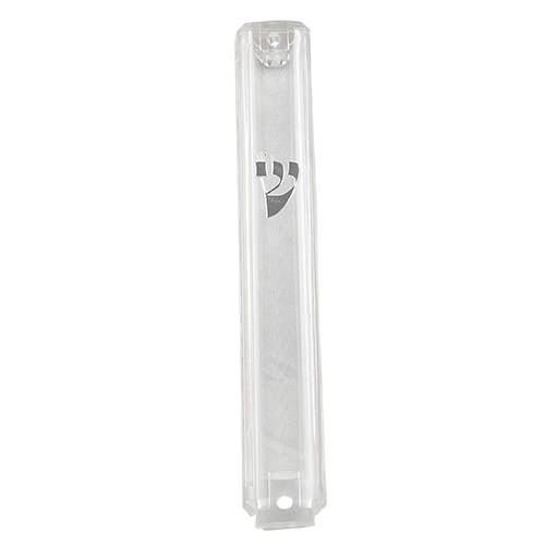 Transparent Plastic Mezuzah with Rubber Cork 10 cm- with Silver Shin