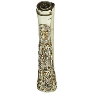 Beige & Brown Polyresin Mezuzah 20 cm- Parchment Shape "Jerusalem" Design with Silicon Cork