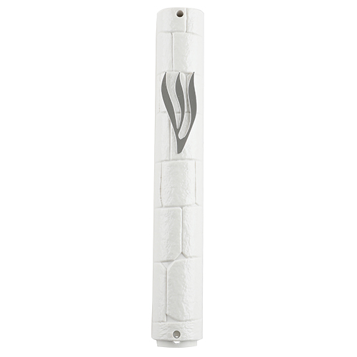 White Plastic Mezuzah with Rubber Cork 12 cm- "The Kotel" with Silver Shin