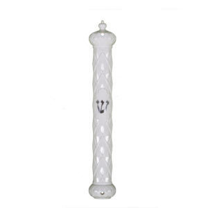 Plastic White Mezuzah with Rubber Cork 15 cm-  "Crown and Diamond" with Silver Shin