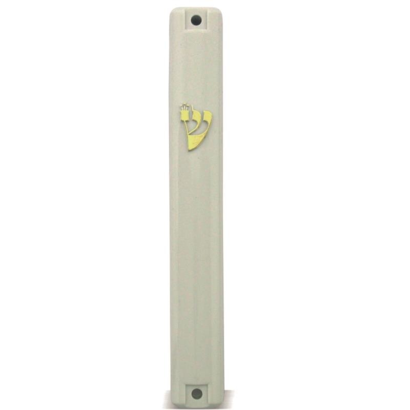 Plastic Mezuzah with Rubber Cork 10cm-White with Gold  Shin