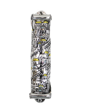 Silvered Polyresin Mezuzah 12 cm- Parchment and Jerusalem design Laid with Stones