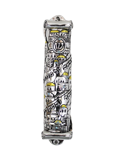 Silvered Polyresin Mezuzah 12 cm- Parchment and Jerusalem design Laid with Stones