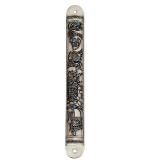 Nickel Mezuzah 12 cm- "Jerusalem" Design Laid with Stones