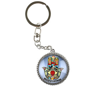 METAL WITH EPOXY TRAVELER'S PRAYER KEY CHAIN 4 CM "JERUSALEM HAMSA"-  RUSSIAN