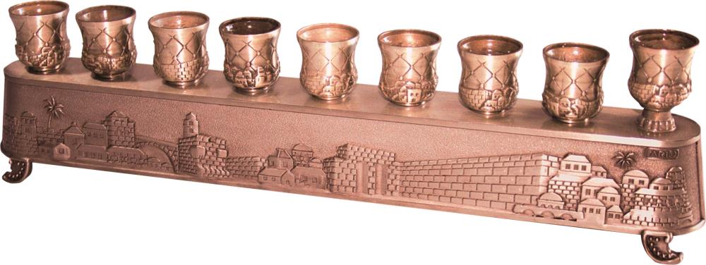 Copper Art's "Magic Menorah" turns over and used also for candlesticks - "Jerusalem" Theme 8X30 cm