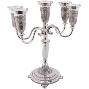 Nickel 5 Branched Candlesticks 27cm- with Geometric Design in Filigree and Decorative Stones