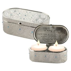 Nickel Travel Size Candlesticks in a Box with cover inlaid with Light Blue Stones 4X9 cm- "filigree"