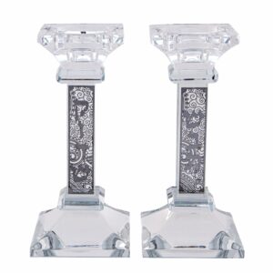 Crystal Candlesticks 16 cm with Laser Cut Metal Plaque -Decorated with "Shabbat Kodesh"