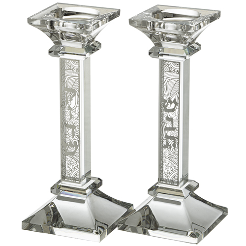 Crystal Candlesticks 19 cm with Laser Cut Metal Plaque -Decorated with "Shabbat Kodesh"
