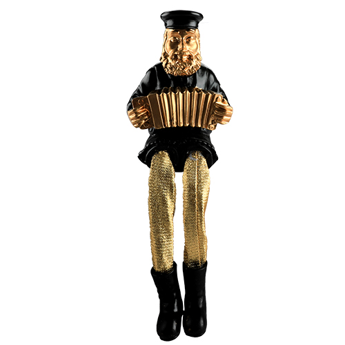 Black Polyresin Sitting Hassidic Figurine with Golden Cloth Legs 23 cm- Accordion Player