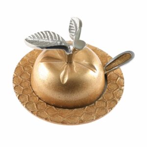 כלי מהודר לדבש עם כפית מאלומיניום בצורת תפוח אמייל זהב עם נצנצים 9X12 ס"מ