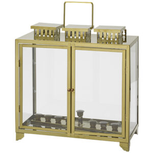 בית חנוכייה מהודר ממתכת וזכוכית עם בתי נר - פרופילים בגוון זהב  41X40X20 ס"מ